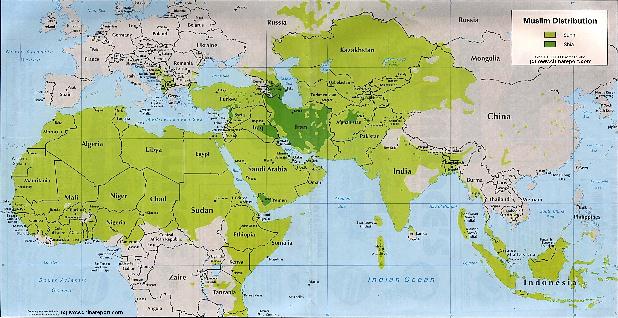 Asia Report - Maps - Distribution Islamic Faith Asia, Africa , Europe